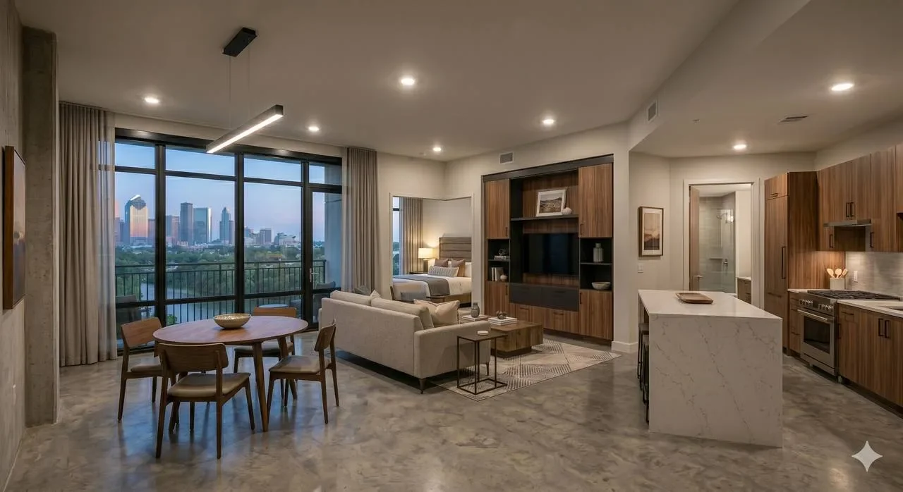 Kitchen detail with a marble waterfall island